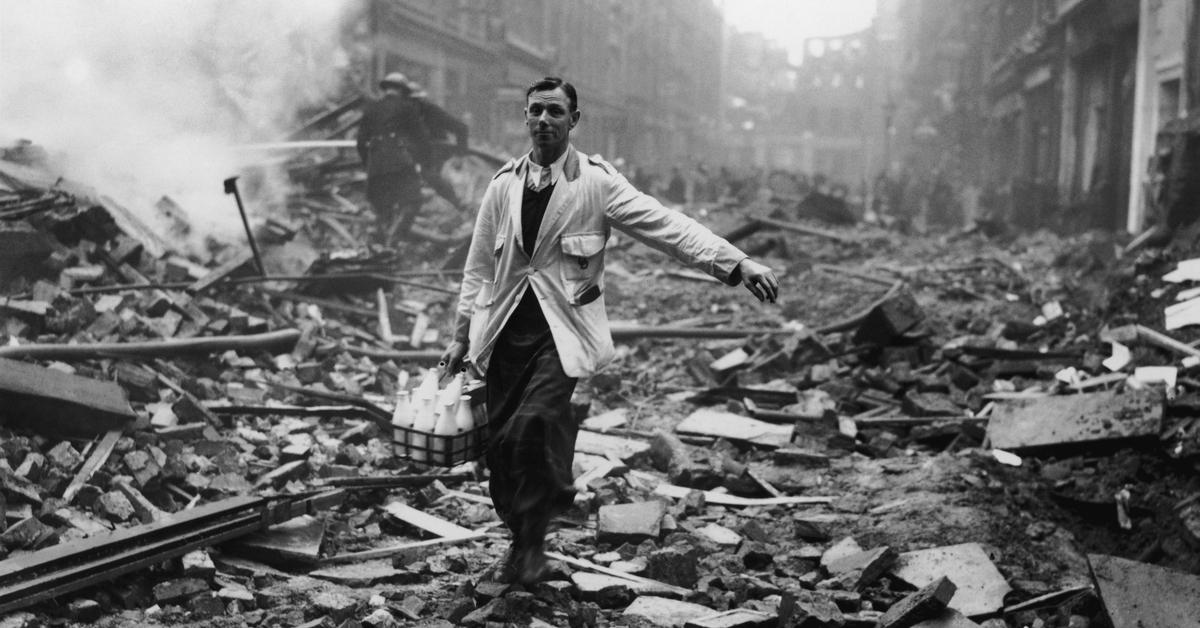 Milkman delivering milk after aerial bombing in London during World War II