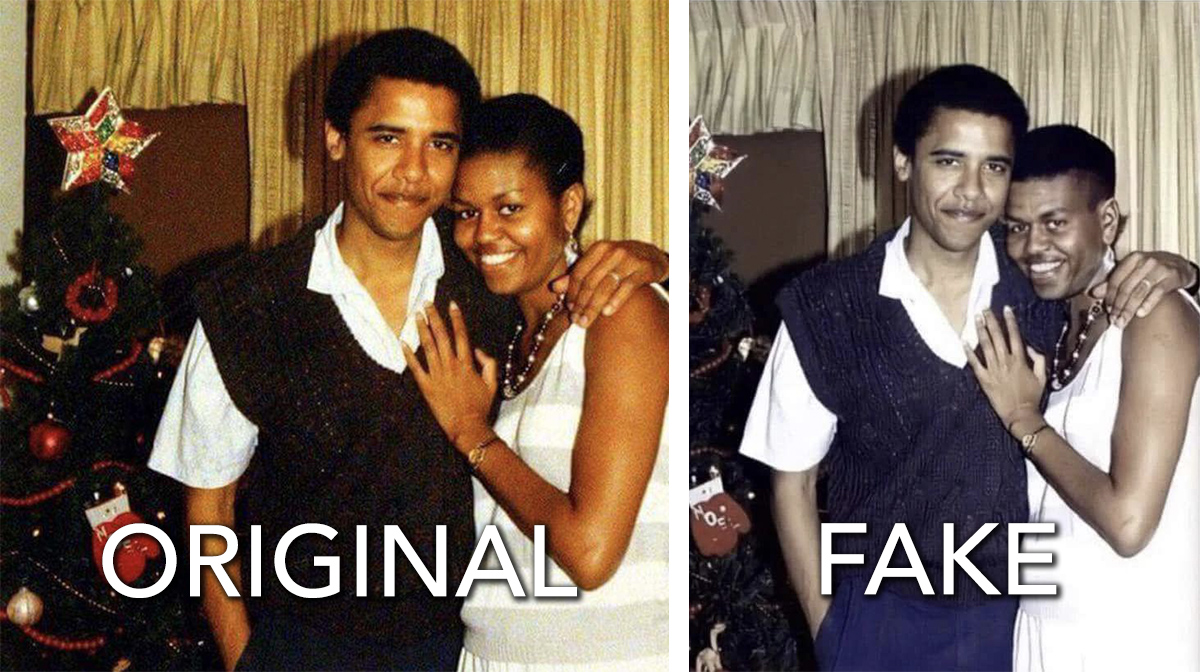 This picture of Barack and Michelle Obama was doctored to give Michelle male features and pushed the debunked conspiracy theory that her name is Michael.