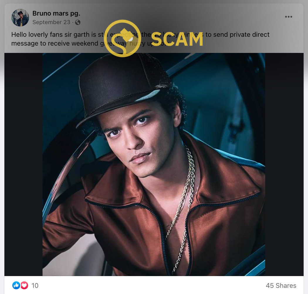Bruno Mars wasn't giving away $750 gift cards or $10,000 in cash in a Facebook giveaway, nor were Garth Brooks or Tyler Perry.
