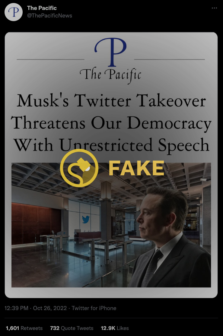 A news website did not publish a serious headline that read, "Musk's Twitter Takeover Threatens Our Democracy with Unrestricted Speech."
