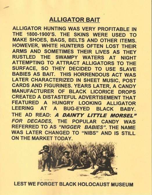 Alligator hunting was very profitable in the 1800-1900's. The skins were used to make shoes, bags, belts and other items. However, white hunters often lost their arms and sometimes their lives as they rustled the swampy waters at night attempting to attract alligators to the surface, so they decided to use slave babies as bait.