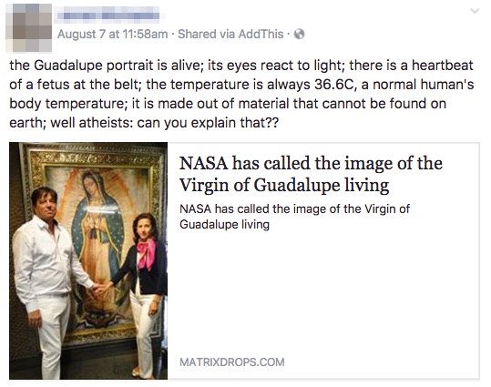 NASA has called the image of the Virgin of Guadalupe living
