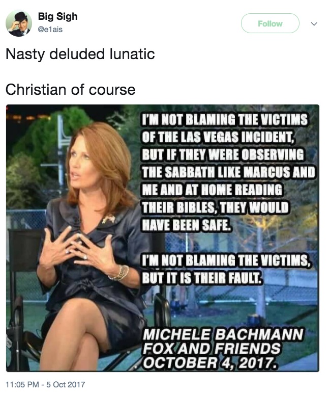 michele bachmann blaming victims of the vegas incident