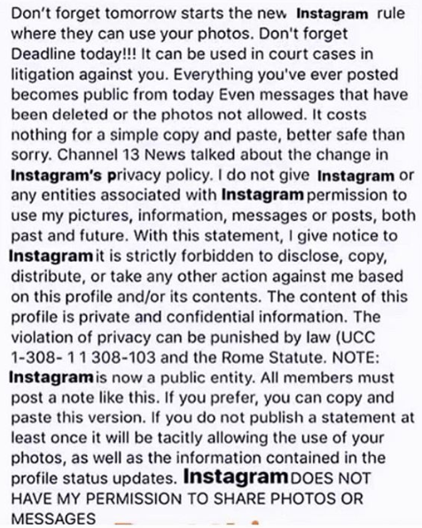 Don't forget tomorrow starts the new Instagram rule where they can use your photos. I do not give Instagram or any entities associated with Instagram permission to use my pictures, information, messages or posts, both past and future.